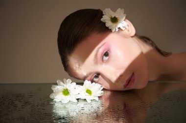 Yumuşak makyajlı narin esmer bir kız kasımpatı çiçekleri ile temiz suyun üzerine eğilir. Kahverengi arka plan, gölge ve ışık huzmesi. Güzellik ve kozmetik. Deri ve vücut bakımı. 