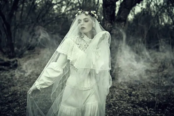 stock image Portrait of a beautiful bride girl in a white dress and covered with a veil, wandering alone through the old foggy park. Bride's ghost. Victorian style. Mystical love novel.