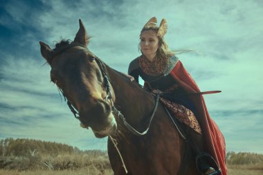Fantezi. Güzel bir valkyrie tarlada at sürerken atıyla konuşuyor. İskandinav mitolojisi. 
