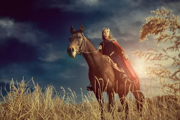 Cesur, güzel, savaşçı Valkyrie savaş meydanında elinde kılıçla bir savaş atının üzerinde otururken gülümsüyor. Fantezi. İskandinav mitolojisi. 