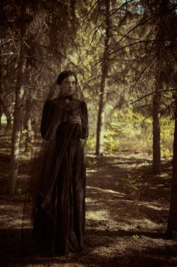 Yas tutan duvak ve siyah elbiseli asil bir bayan ellerini bir saray parkında dua ederken kavuşturdu. 19. yüzyıl. Trajedi, roman. Fantezi.