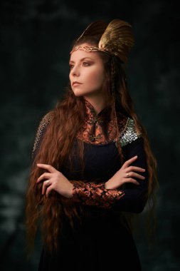 Hayal dünyası. Eski efsaneler. Koyu bir arka planda kanatlı kaskla güzel bir Valkyrie portresi.. 