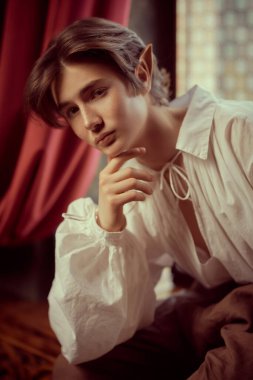 Büyülü kalesinde düşünceli, yakışıklı bir elf çocuğunun portresi. Fantezi. Peri masalı, sihir.