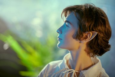 Güzel bir ormanda yakışıklı bir perinin yan görüntüsü. Fantezi. Peri masalı, sihir. 