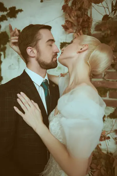 stock image Beautiful, elegant wedding couple hugging and kissing in vintage interior. Wedding couple, love.