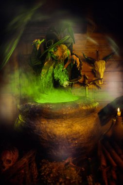 Korkunç Cadılar Bayramı hikayeleri. Tehlikeli ve korkutucu bir cadının portresi karanlık bir mağarada iksir hazırlıyor.. 