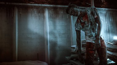 Zombi kıyameti. Sinirli kanlı zombi adam fotokopi alanı olan kasvetli kirli bir arka plana karşı. Cadılar Bayramı. Korku filmi. 