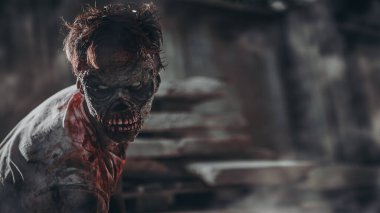 Zombi adam. Kanlı bir zombi, fotokopi alanı olan kasvetli kirli bir arka plana karşı duruyor. Cadılar Bayramı. Korku filmi.