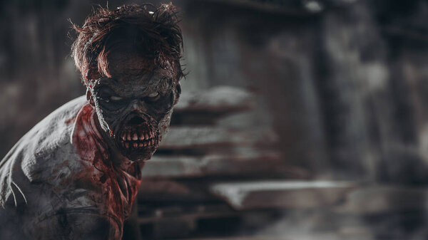 Zombie man. A bloodied zombie stands against a gloomy dirty background with copy space. Halloween. Horror movie.
