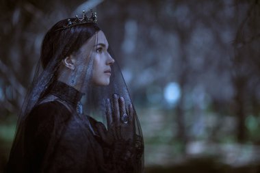 Yas tutan duvağı ve siyah elbisesi içinde genç ve güzel bir kadın elini dua etmek için karanlık bir saray parkında duruyor. 19. yüzyıl. Trajedi, roman. Fantezi. Güzel Siyah Kraliçe.