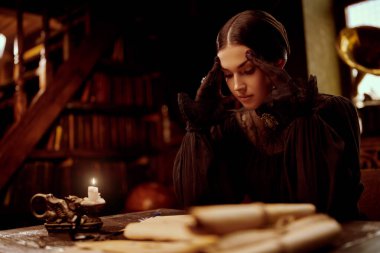 Siyah zarif elbisesi ve koyu renk saçları olan düşünceli aristokrat bir bayan, eski bir odada, bir mektubun üzerine eğilmiş bir masada oturuyor. Romanın kahramanı, 19. yüzyıl tarzı..