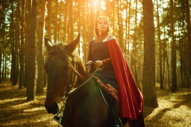 Görkemli bir kadın savaşçı Valkyrie savaş atıyla güneş ışığıyla aydınlatılan ormanda at sürüyor. İskandinav mitolojisi. Eski efsaneler.