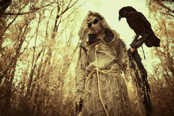 Stock image A terrible forest sorcerer with a canvas bag on his head and in a sackcloth robe stands in a dense forest with a black raven on his hand. Scarecrow. Halloween Tales. Horror, thriller.