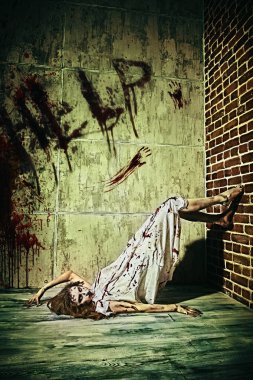 Şeytan tarafından ele geçirilmiş kanlı bir kadın beton bir duvarın arka planında 