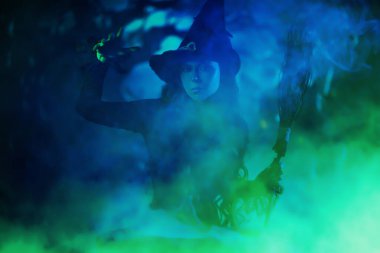 Fantezi, Cadılar Bayramı zamanı. Siyah elbiseli ve şapkalı güzel genç bir cadı karanlık bir ay ışığında bir kazanı canlandırıyor. Esrarengiz yeşil ve mavi duman etrafta.