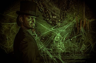 Gotik korku romanı. Yüzünde ve boynunda kocaman yaralar olan, zarif siyah bir takım elbise ve silindir şapka giymiş, örümcek ağlarıyla kaplı eski bir kalede duran gizemli bir adamın portresi. Cadılar Bayramı.