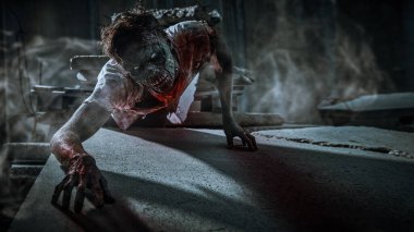 Cadılar Bayramı. Korku filmi. Zombi kıyameti. Harabe bir şehirde korkunç bir zombi adam.. 