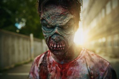 Harap olmuş bir şehirde korkunç bir zombi adam. Zombi kıyameti. Cadılar Bayramı. Korku filmi.