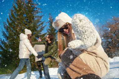 Kış parkında hareketlilik. Neşeli gülen arkadaşlar erkekler ve kızlar kar altında bir kış parkında eğleniyorlar. Kış modası. İyi ruh hali, duygular. 