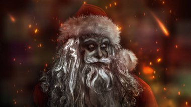 Korkunç bir Noel Baba zombisinin portresi. Geceleri kar yağarken sırıtan. Noel 'de nükleer kıyamet kopacak. Cadılar Bayramı. Boşluğu kopyala.
