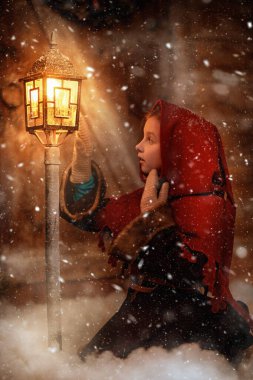 Ortaçağ kıyafetleri içinde küçük güzel bir kız yanan bir fenerin güzelliğine hayran olan ahşap bir evde oturuyor. Karlı bir Noel gecesi. Bir zamanlar Noel 'de. 