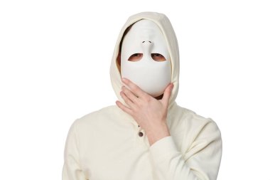 Portrait of a man in a white hoodie who hides his face behind a mask. People and life roles. Studio shot on a white background with copy space. clipart