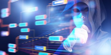 Yeşil sanal gerçeklikte geleceğin siber punk adamı portresi ve arkasında duran siyah manto. Geleceğin dünyası. Sanal gerçeklik. Gelecekteki teknolojiler.