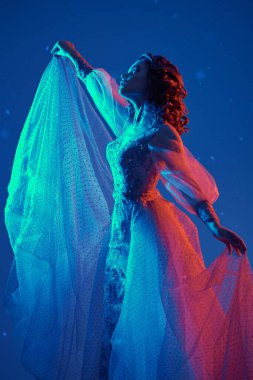 Akşam moda konsepti. Lüks bir gece elbisesi içinde poz veren uzun tüylü etekli güzel bir manken kız. Stüdyo karman çorman bir ışıkla çekildi. Kıvırcık kıvırcık saç ve akşam makyajı..