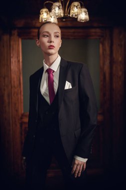 Kendine güvenen muhteşem bir kadının portresi şık bir takım elbise, beyaz gömlek ve lüks bir iç mekan kravatı içinde poz veriyor. Lüks bir iş tarzı. Moda. İş kıyafetleri tarzı.