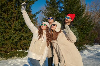 Bir grup modern genç kız ve erkek güneşli bir günde kış parkında dinlenip selfie çekiyorlar. Kış modası. İyi ruh hali, duygular. Kış aktiviteleri. 