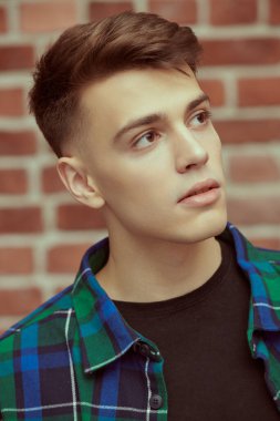Ekose gömlekli yakışıklı bir gencin portresi tuğla duvar arkasındaydı. Gençlik modası. Erkek güzeli, saç stili. Stüdyo resmi.