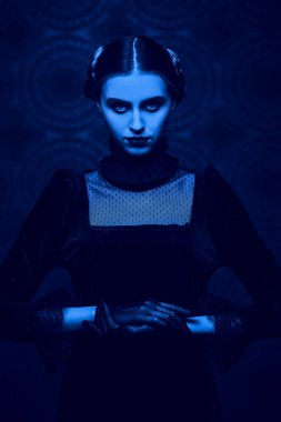 Gotik roman, mistisizm. Zarif, siyah kadife elbiseli, ürkütücü, dramatik esmer bir kız gecenin karanlığında eskimiş bir arka planda duruyor. Korku, korku. Cadı portresi. 