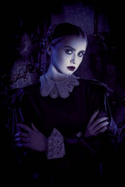 Katı siyah elbiseli, beyaz yakalı, kasvetli bir kalede ay ışığında duran tuhaf, suratsız, esmer bir kız. Addams Ailesi tarzı. Mistik gotik roman, korku.