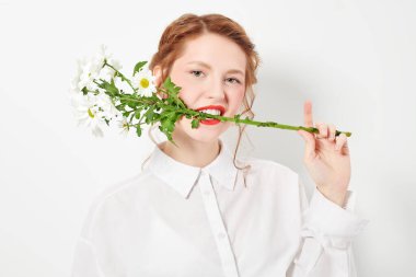 Zarif makyajlı, kıvırcık kızıl saçlı, beyaz arka planda beyaz kasımpatı pozu veren güzel bir kızın portresi. Kozmetik ve parfüm. Kadın güzelliği ve çiçekleri. 