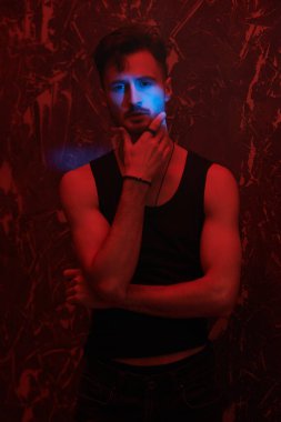 Bir adamın sanat portresi. Atletik yapılı vahşi esmer bir adam kırmızı ışıklı karanlık bir odada duruyor. Yüzüne mavi bir ışık hüzmesi düşer. Erkek güzelliği, erkeklik. Duygular.