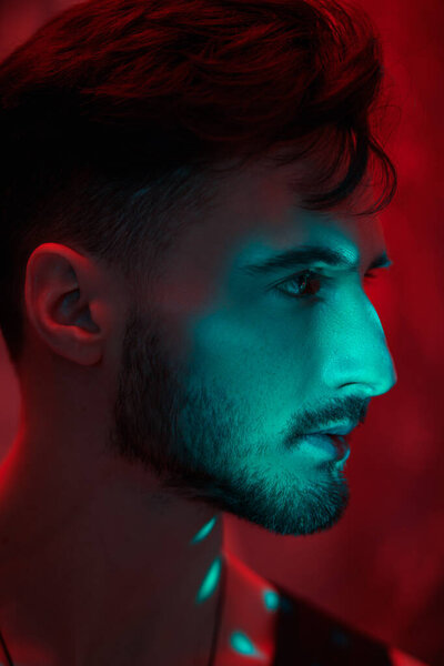Art portrait of a man. Sideview of a handsome brunet man with a confident look standing in a dark room with red lighting. A green beam of light falls on his face. Male beauty, masculinity. Emotions.