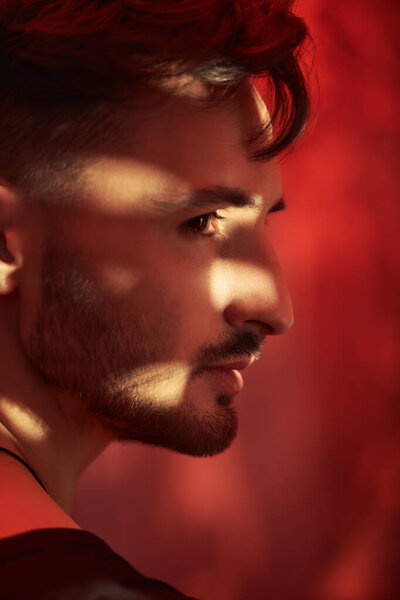 Men's emotions and beauty. Art sideview shot of a masculine handsome brunette man looking ahead warily and confidently, standing in a dark room with red lighting. Beams of light fall on him.