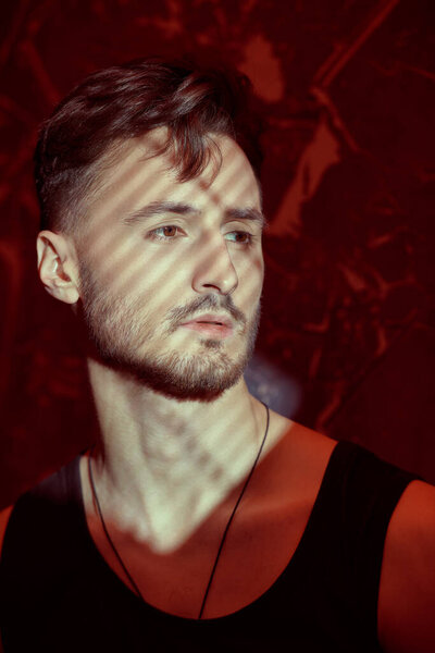 Emotions of men. Male beauty. Art portrait of a masculine handsome brunette man, standing in a dark room with red lighting. Beams of light fall on him.