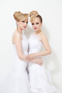 İki güzel gelin. Düğün modası, makyaj ve saç stili. Avangard düğün stili ve moda. Stüdyo resmi.