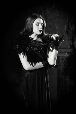30 'lu ve 40' lı yılların abartılı Hollywood tarzı. Çekici esmer bir kadının siyah beyaz portresi. Gece saç stili ve makyajlı. Pahalı siyah tüylü bir elbise giymiş..