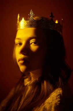 Güzel, gururlu bir ortaçağ prensesinin portresi. Koyu kırmızı stüdyo geçmişi. Peri masalı prensesi. Fantezi.