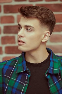 Ekose gömlekli yakışıklı bir gencin portresi tuğla duvar arkasındaydı. Gençlik modası. Erkek güzeli, saç stili. Stüdyo resmi.