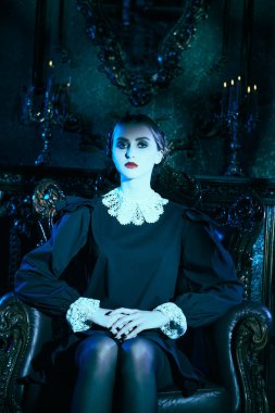 Kasvetli bir kalede, koltukta oturan, katı siyah elbiseli, beyaz yakalı, tuhaf, esmer bir kızın portresi. Mistik gotik roman, korku. Addams Aile Stili. 