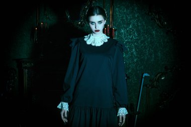 Beyaz yakalı, düzgün siyah elbiseli esmer bir kız kasvetli gotik bir kalede duruyor ve kameraya pek dostça görünmüyor. Addams Ailesi. Gotik kara komedi.