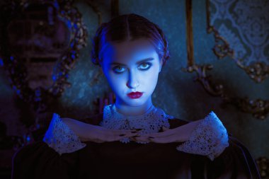 Gotik kara komedi. Beyaz yakalı, düzgün siyah elbiseli esmer bir kadın kasvetli gotik bir şatoda gece ayakta duruyor ve kameraya pek dostça görünmüyor. Addams Ailesi. 