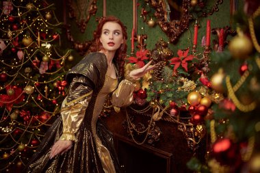 Prenseslerle ilgili Noel masalları. Güzel, kızıl saçlı, zengin, kahverengi ve altın rengi elbiseli bir prenses, kalede duruyor, muhteşem bir şekilde süslenmiş, ve bir mucize bekliyor..