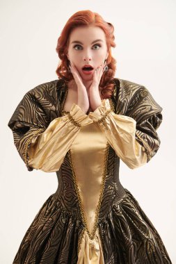 Beyaz bir arka planda kahverengi ve altın rengi bir elbise içinde şaşırmış güzel kızıl saçlı bir prensesin portresi. Peri masalı kahramanı. Prenseslerin Hikayeleri.