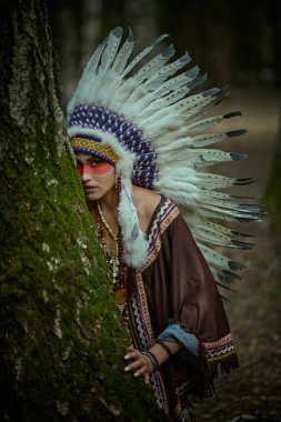 Vahşi ormandaki kızılderili kadın avcısı. Amerikan etnik kültürü.
