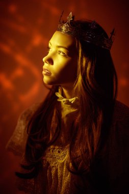 Peri masallarındaki prenses. Güzel, gururlu bir ortaçağ prensesinin portresi. Koyu kırmızı stüdyo geçmişi. Fantezi.