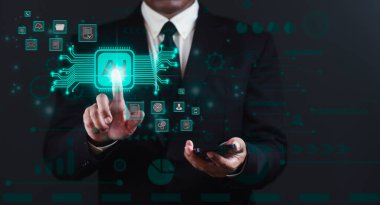 İşadamı akıllı telefon kullanıyor ve teknoloji geçmişine karşı Ai teknolojisini işaret ediyor veya dokunuyor.